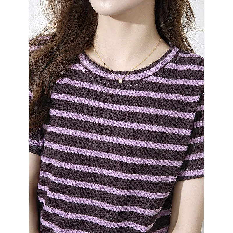 Stripe Versatile Chic Purple Round Neck Short Sleeve Tee