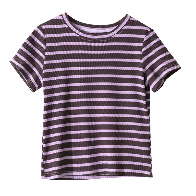 Stripe Versatile Chic Purple Round Neck Short Sleeve Tee