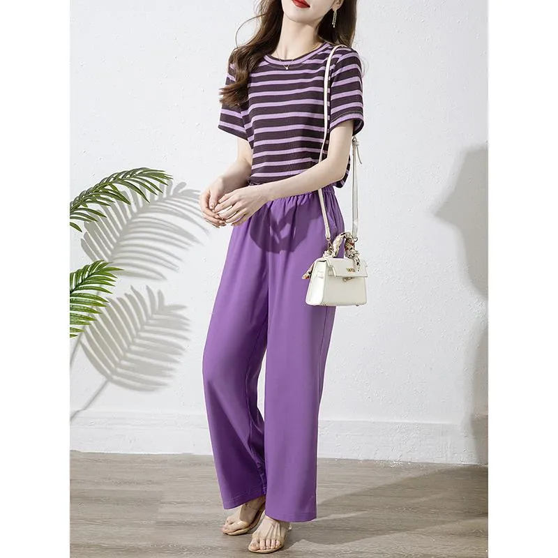 Stripe Versatile Chic Purple Round Neck Short Sleeve Tee