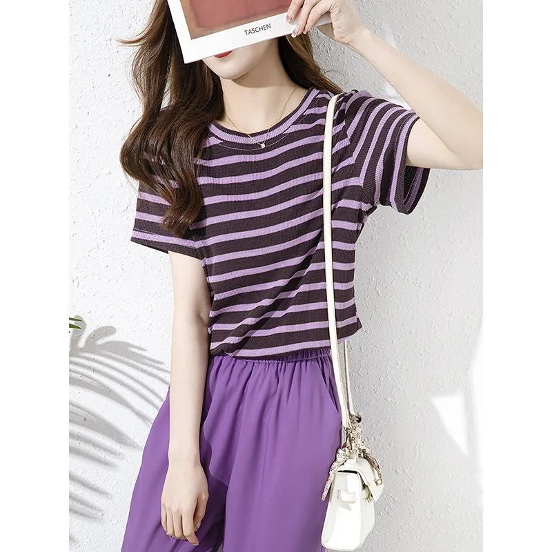 Stripe Versatile Chic Purple Round Neck Short Sleeve Tee