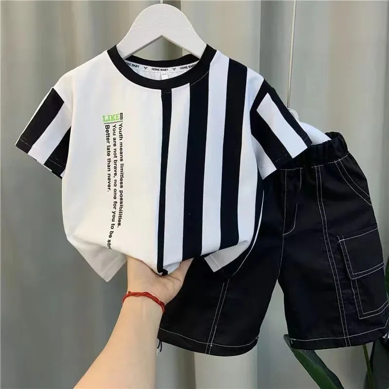 Summer Boy Clothing New Children's Clothes Set Boys Short Sleeve Striped T-Shirt Shorts 2 Piece Set Kids 1-8T Sportswear Suit