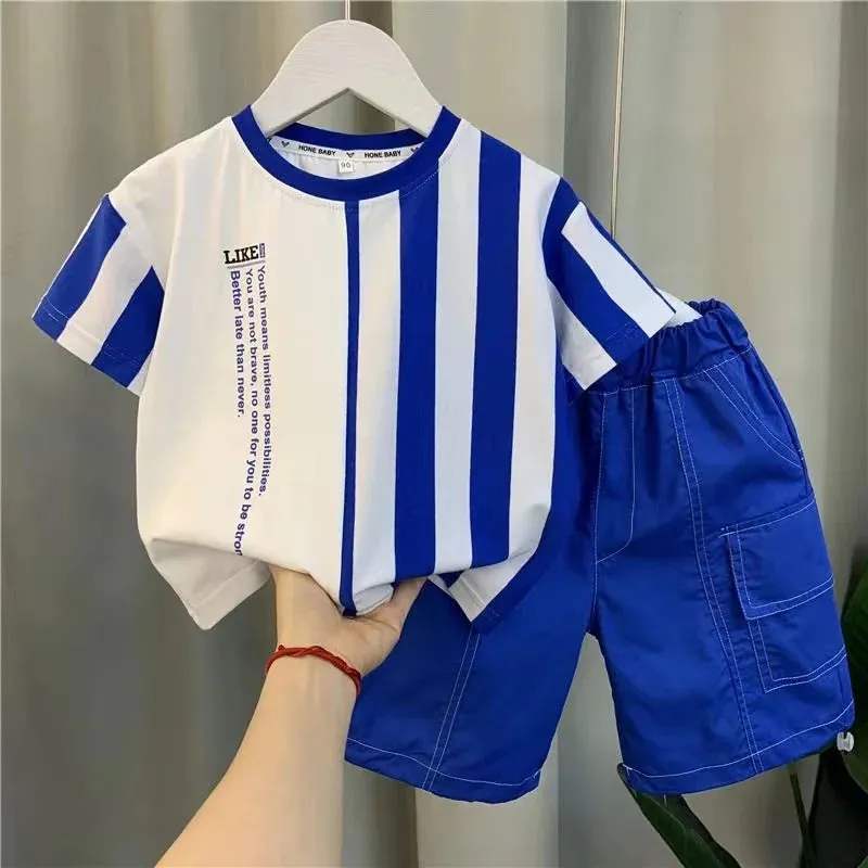 Summer Boy Clothing New Children's Clothes Set Boys Short Sleeve Striped T-Shirt Shorts 2 Piece Set Kids 1-8T Sportswear Suit