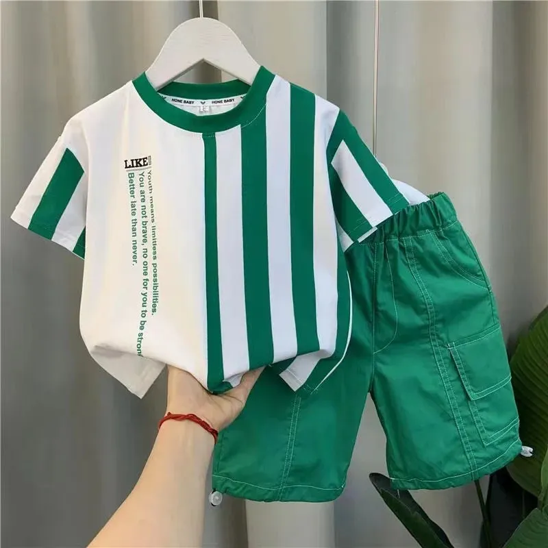 Summer Boy Clothing New Children's Clothes Set Boys Short Sleeve Striped T-Shirt Shorts 2 Piece Set Kids 1-8T Sportswear Suit