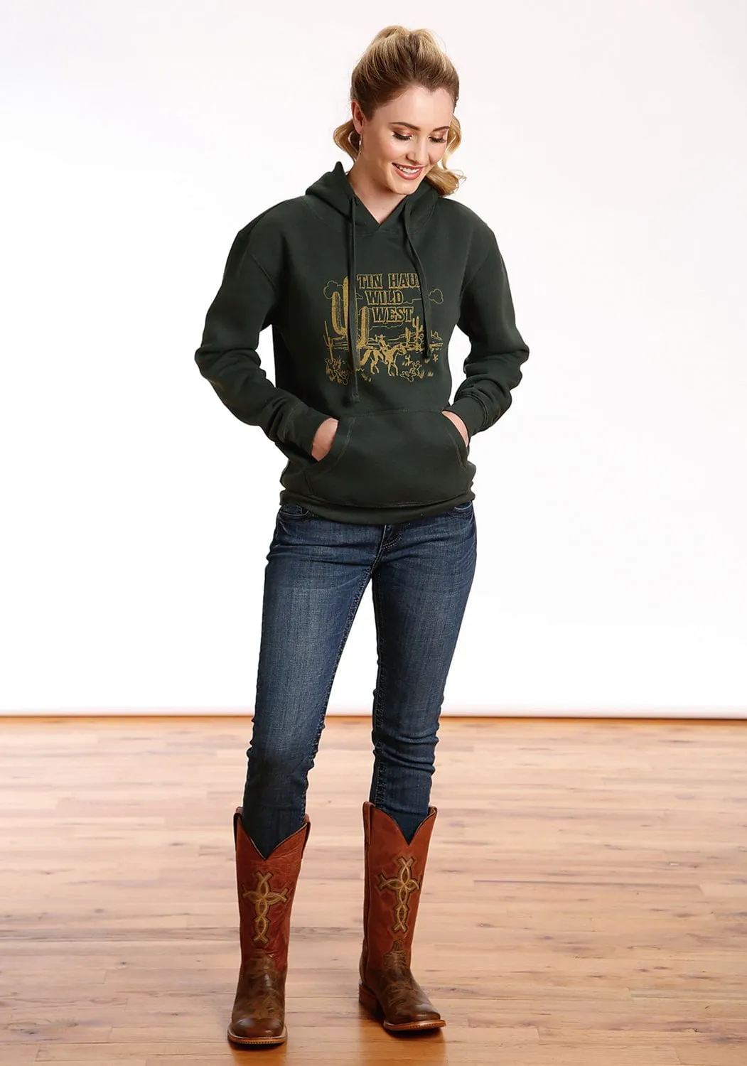 Tin Haul Womens Green Cotton Blend Wild West Hoodie