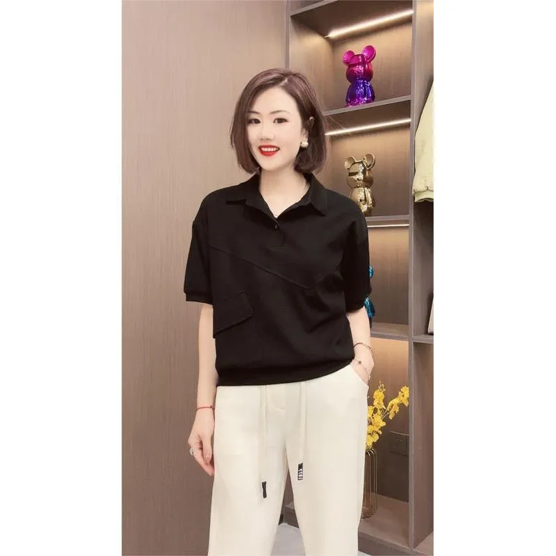 Two Beads Versatile Chic Anti-Aging Lapel Casual Short Sleeve Tee