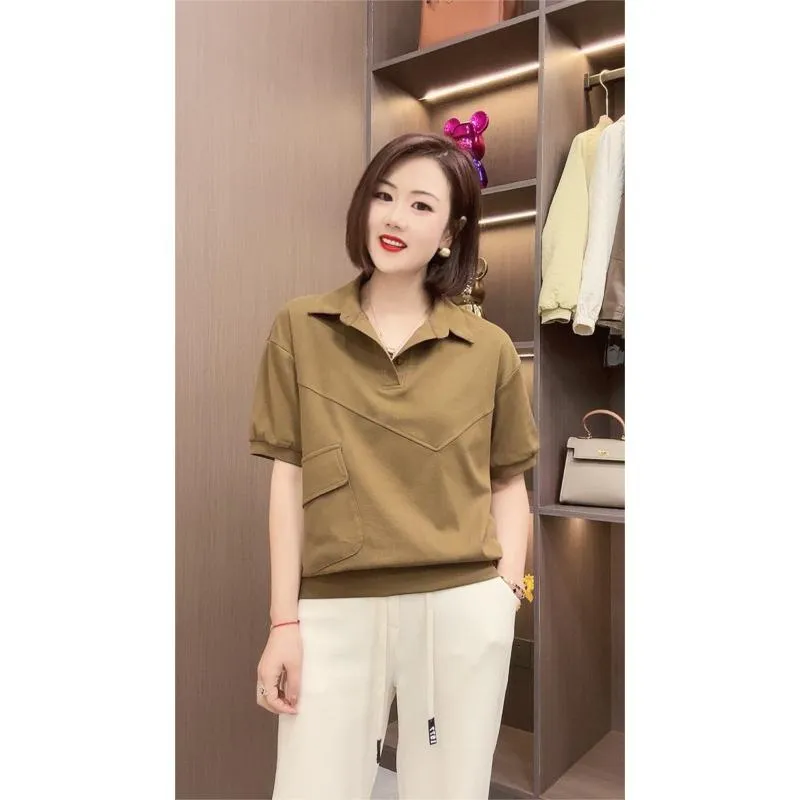 Two Beads Versatile Chic Anti-Aging Lapel Casual Short Sleeve Tee