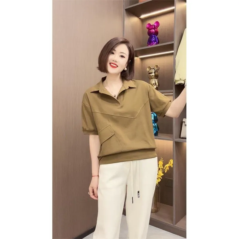 Two Beads Versatile Chic Anti-Aging Lapel Casual Short Sleeve Tee