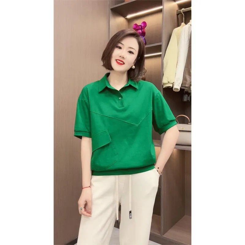 Two Beads Versatile Chic Anti-Aging Lapel Casual Short Sleeve Tee