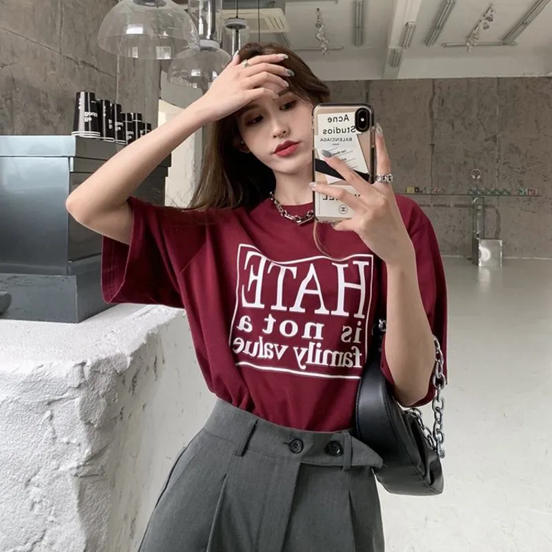 Versatile Loose Fit Lazy Print Letter Short Sleeve Tee