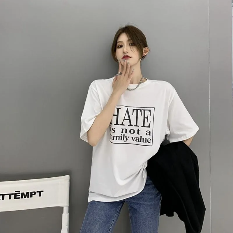 Versatile Loose Fit Lazy Print Letter Short Sleeve Tee