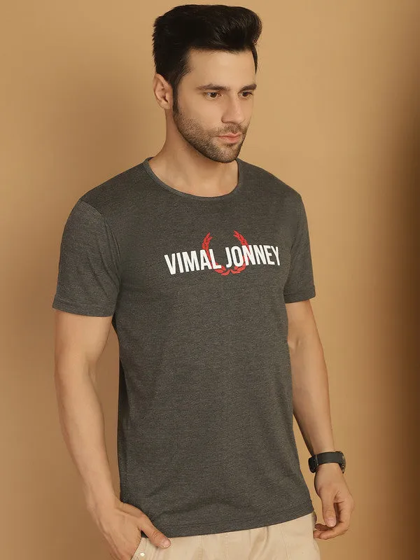 Vimal Jonney Grey Logo Printed Round Neck Cotton Half sleeves Tshirt For Men