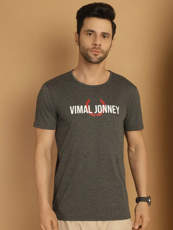 Vimal Jonney Grey Logo Printed Round Neck Cotton Half sleeves Tshirt For Men