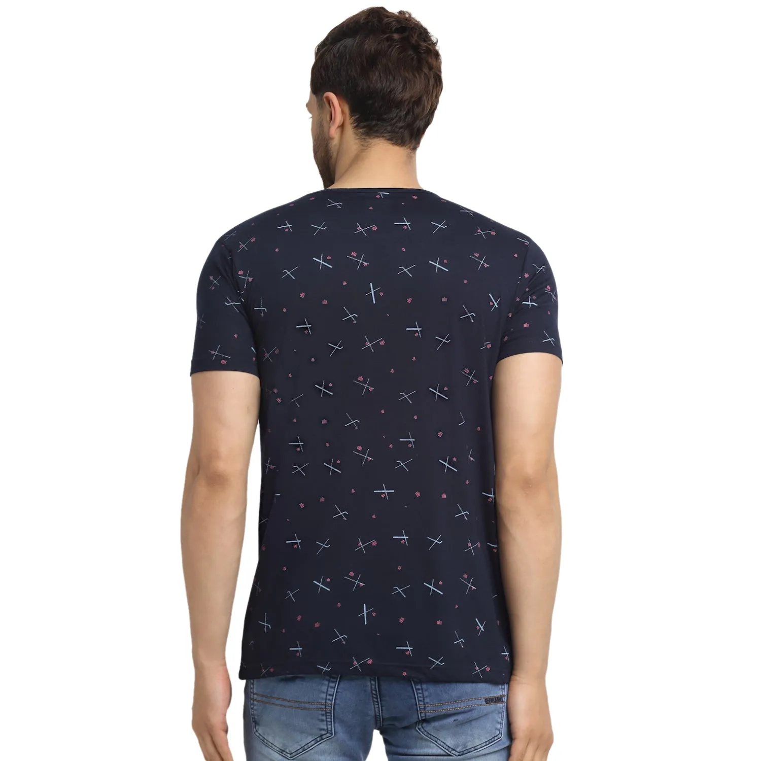 VIMAL JONNEY Men's Blue Printed Round Neck Tshirt