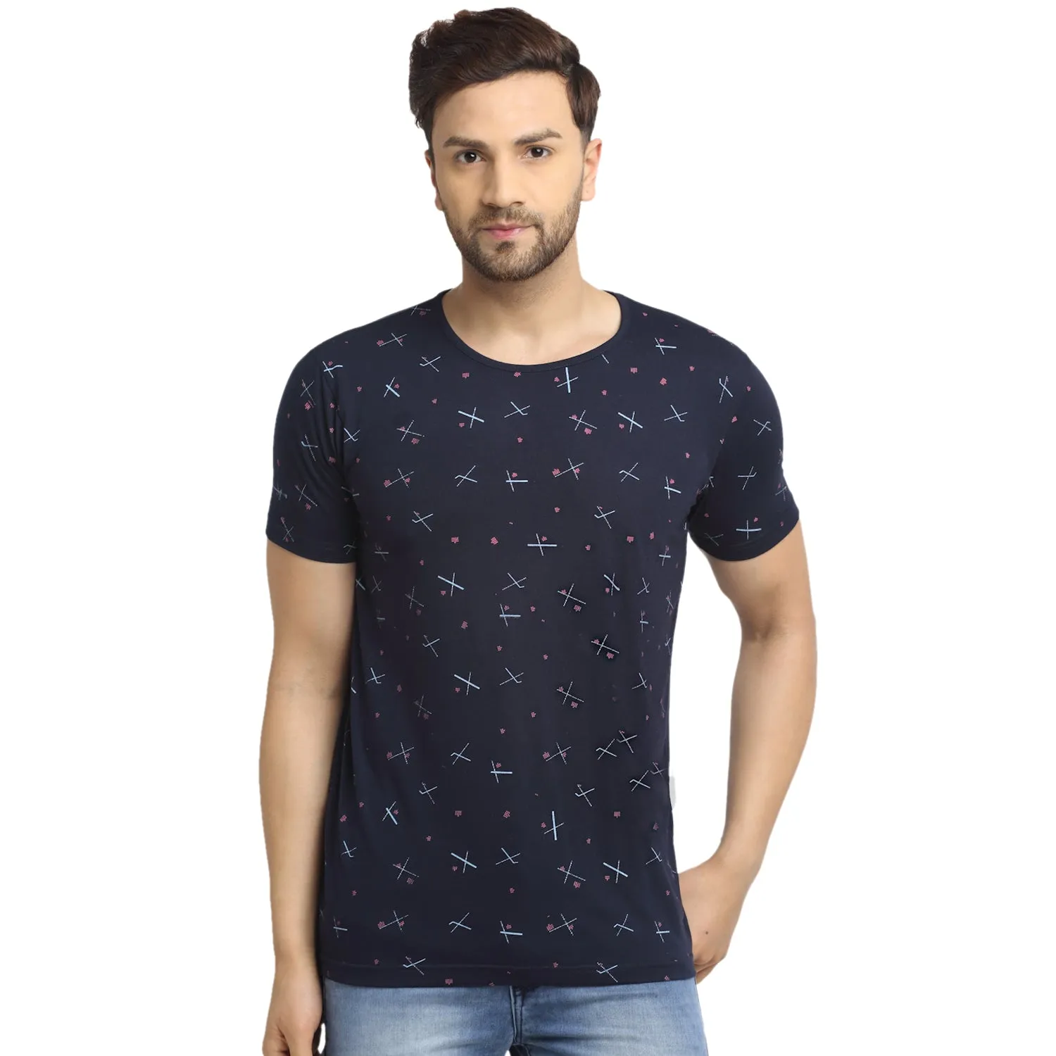 VIMAL JONNEY Men's Blue Printed Round Neck Tshirt