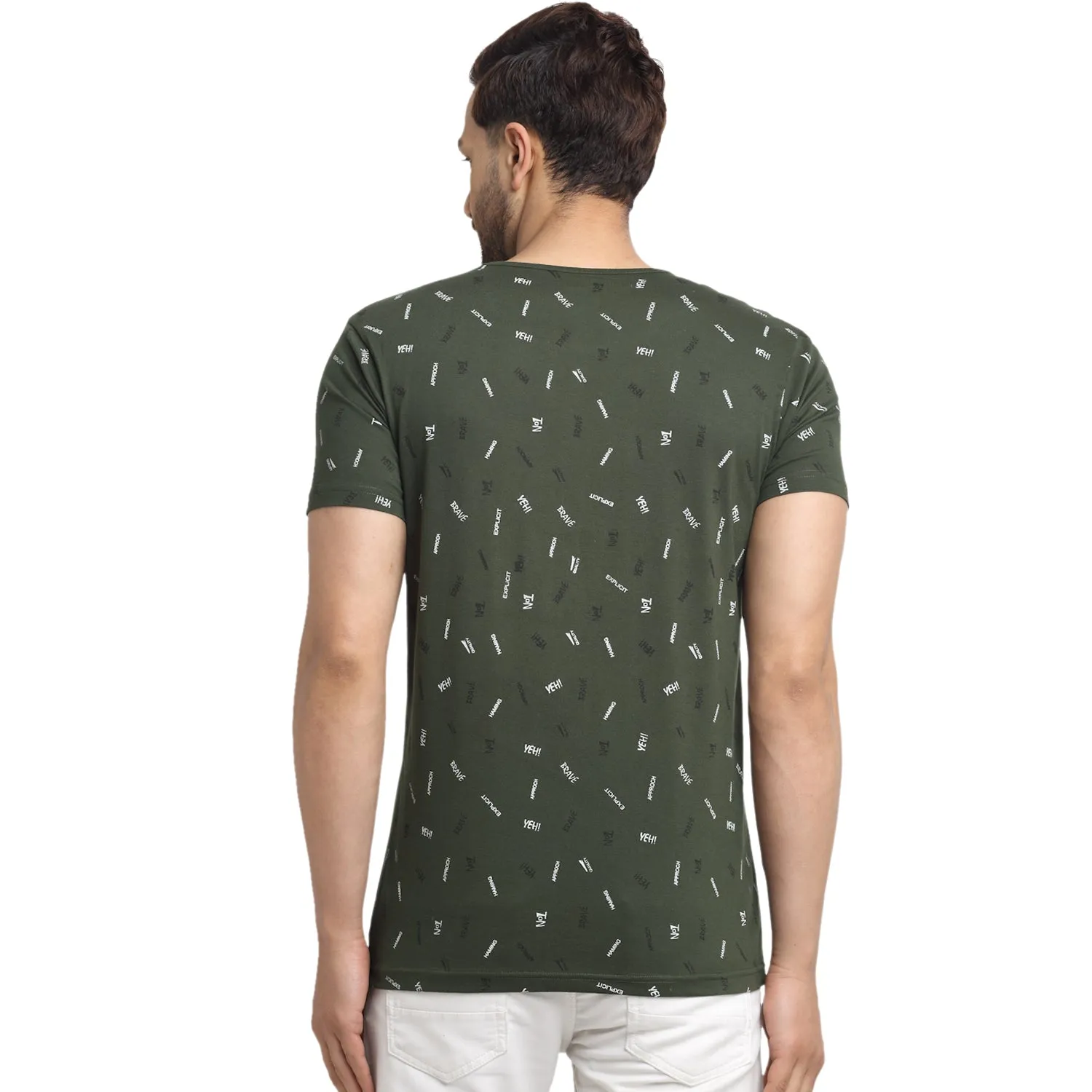 VIMAL JONNEY Men's Olive Printed Round Neck Tshirt