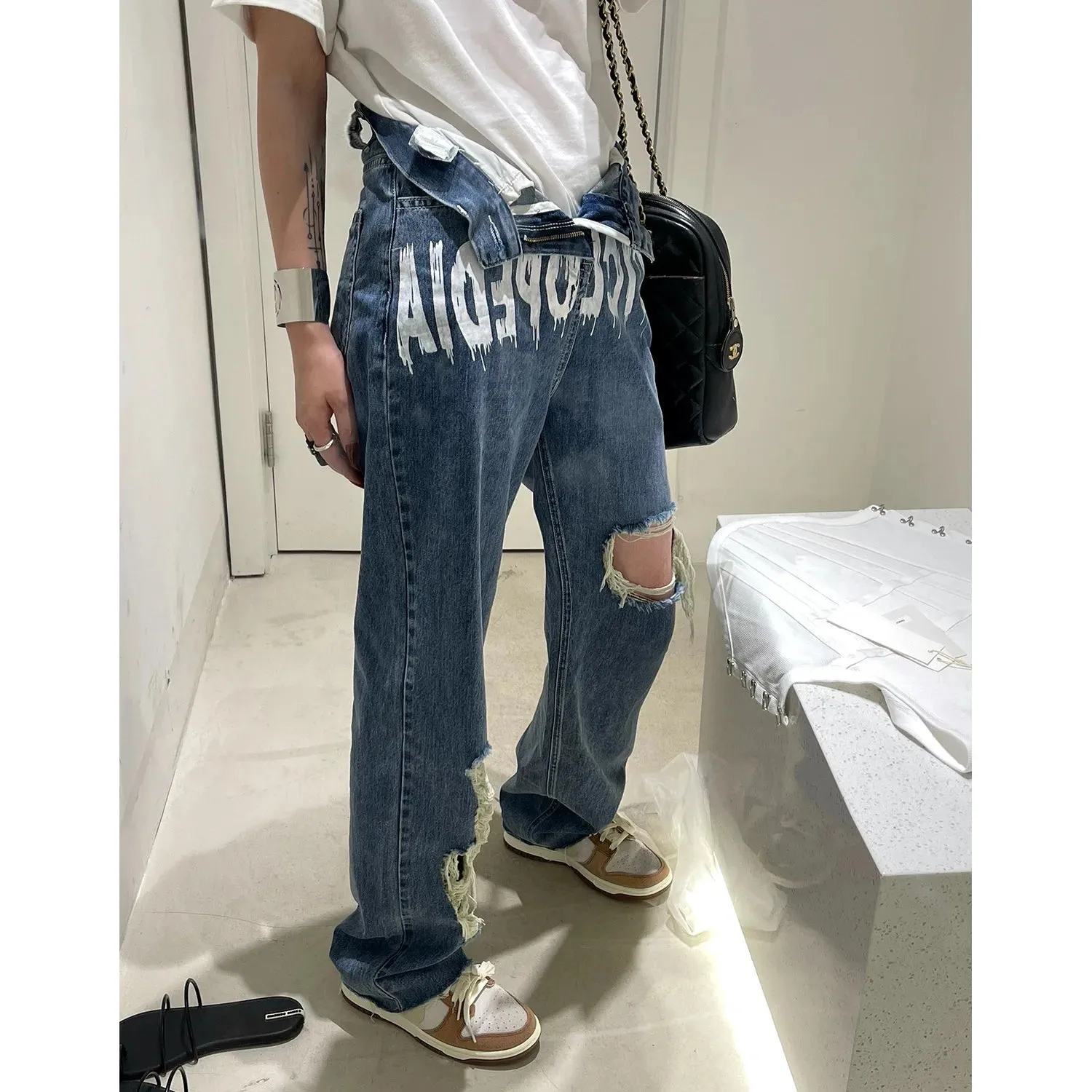 Wiaofellas  -  Blue Printed Jeans Ripped Jeans Men's Retro Jeans Fall New Jeans Men Jeans Pants Slim Fit  Stacked Jeans