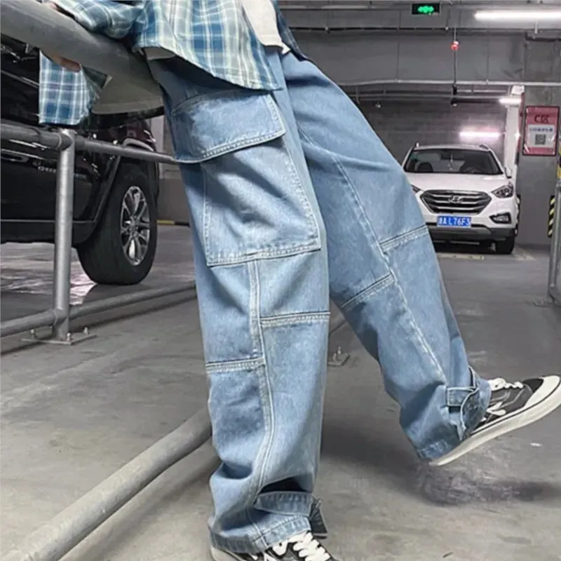 Wiaofellas  -  Cargo jeans Men Wide Leg Denim pants  Autumn Loose Straight Baggy Men's Jeans hip hop Streetwear Skateboard Neutral denim