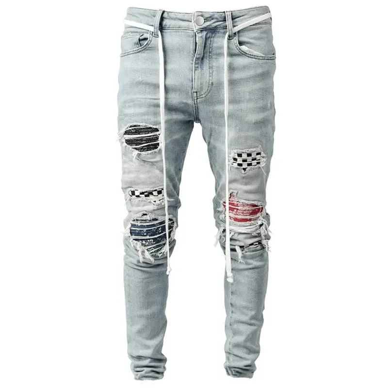 Wiaofellas  -  Skinny Ripped Jeans Men  Fashion Grid Beggar Patches Slim Stretch Casual Denim Pencil Pants Painting Jogging Trousers Men