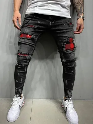 Wiaofellas  -  Skinny Ripped Jeans Men  Fashion Grid Beggar Patches Slim Stretch Casual Denim Pencil Pants Painting Jogging Trousers Men