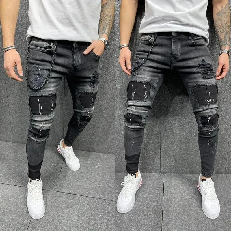 Wiaofellas  -  Skinny Ripped Jeans Men  Fashion Grid Beggar Patches Slim Stretch Casual Denim Pencil Pants Painting Jogging Trousers Men