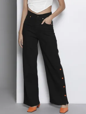 Women Black Side Button Placket Stretch Straight Jeans