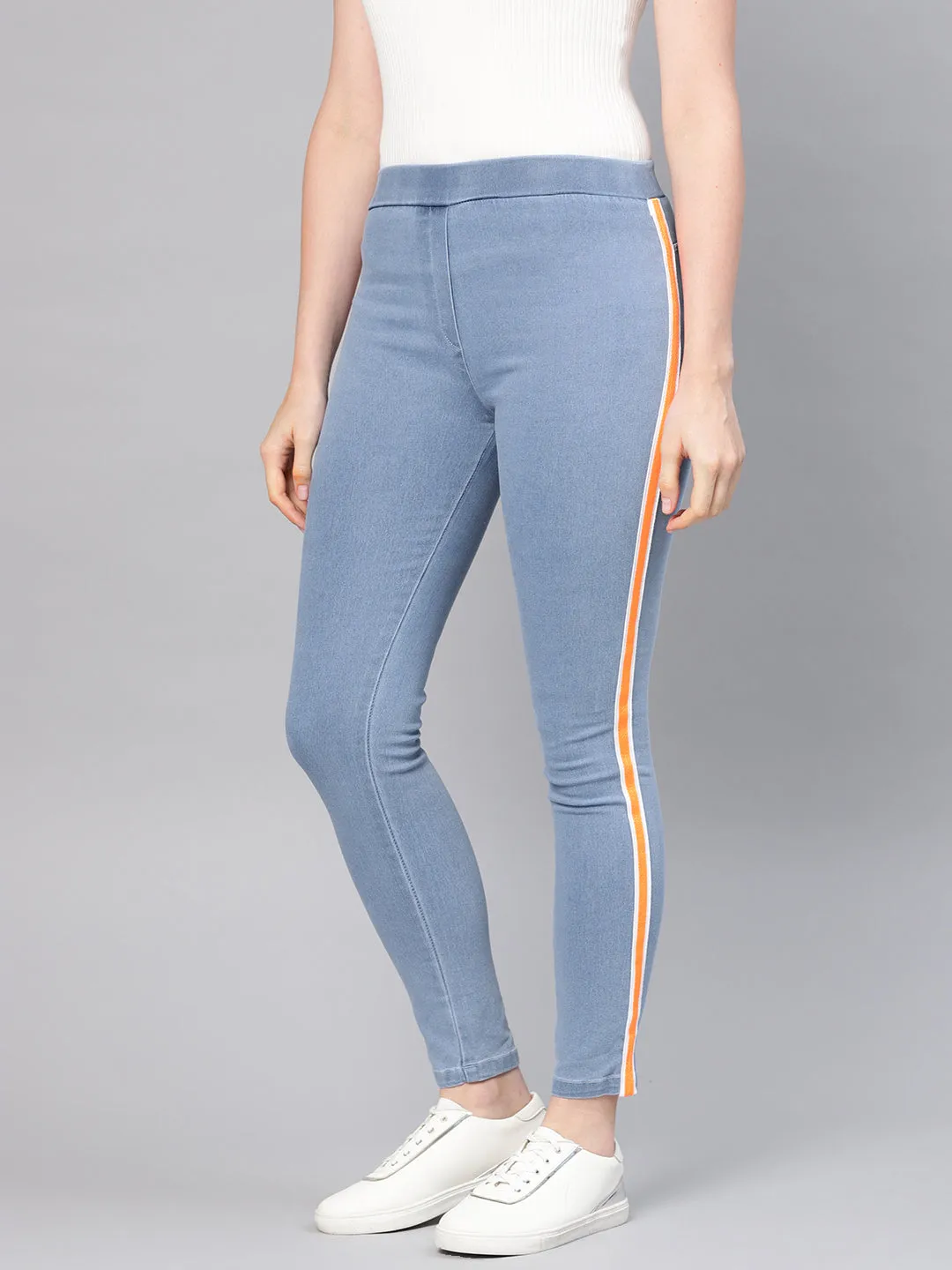 Women Blue Neon Side Tape Jeans