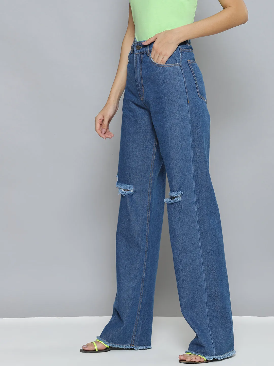 Women Blue Wide Leg Distressed Slit Jeans