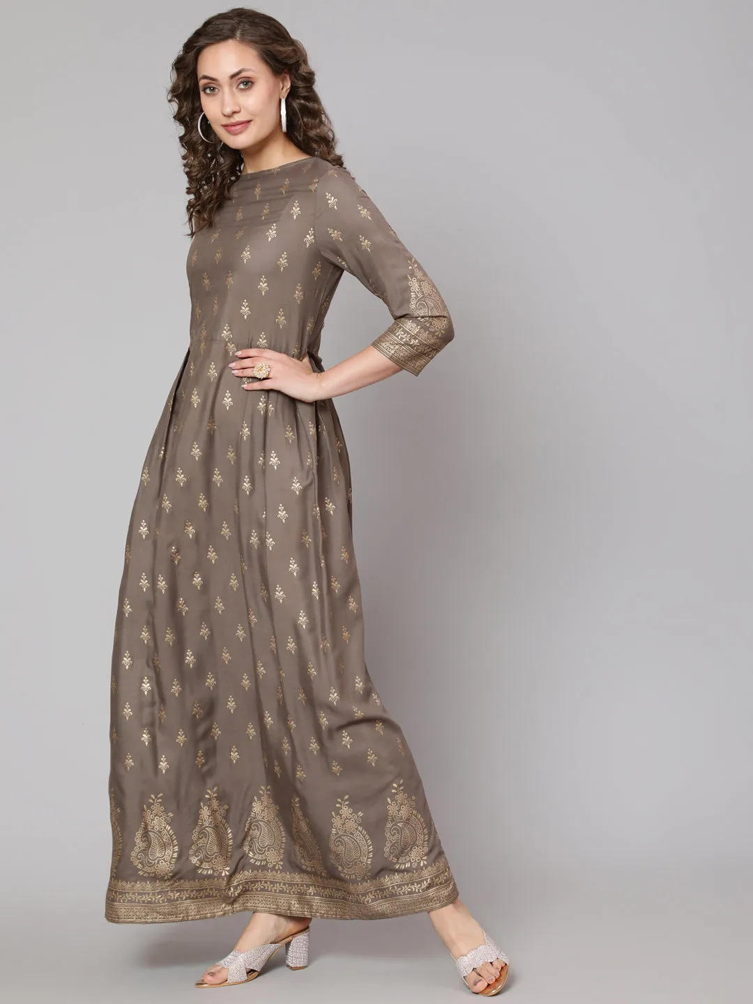 Women Grey Printed Flared Dress With Three Quarter Sleeves