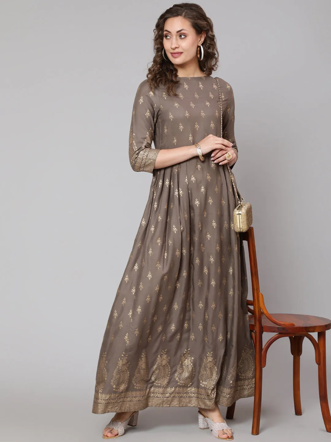 Women Grey Printed Flared Dress With Three Quarter Sleeves