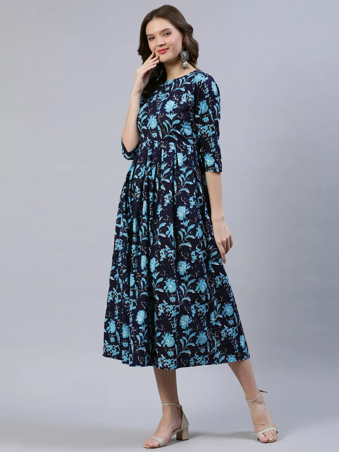 Women Navy Blue Printed Dress With Dupatta