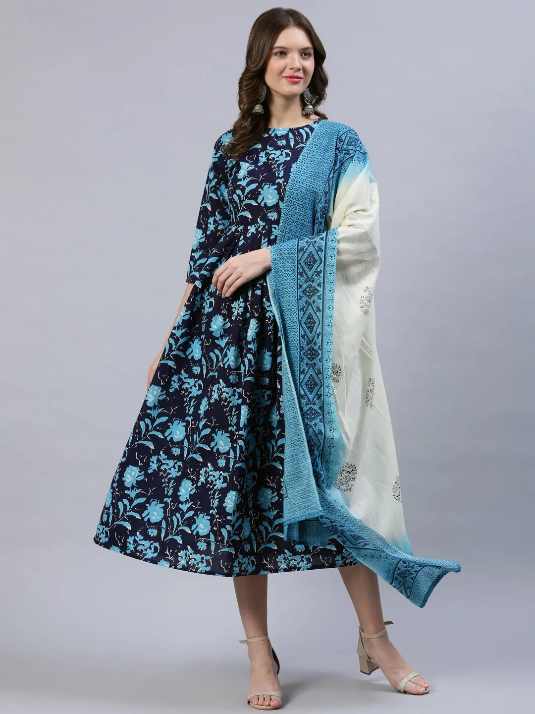 Women Navy Blue Printed Dress With Dupatta