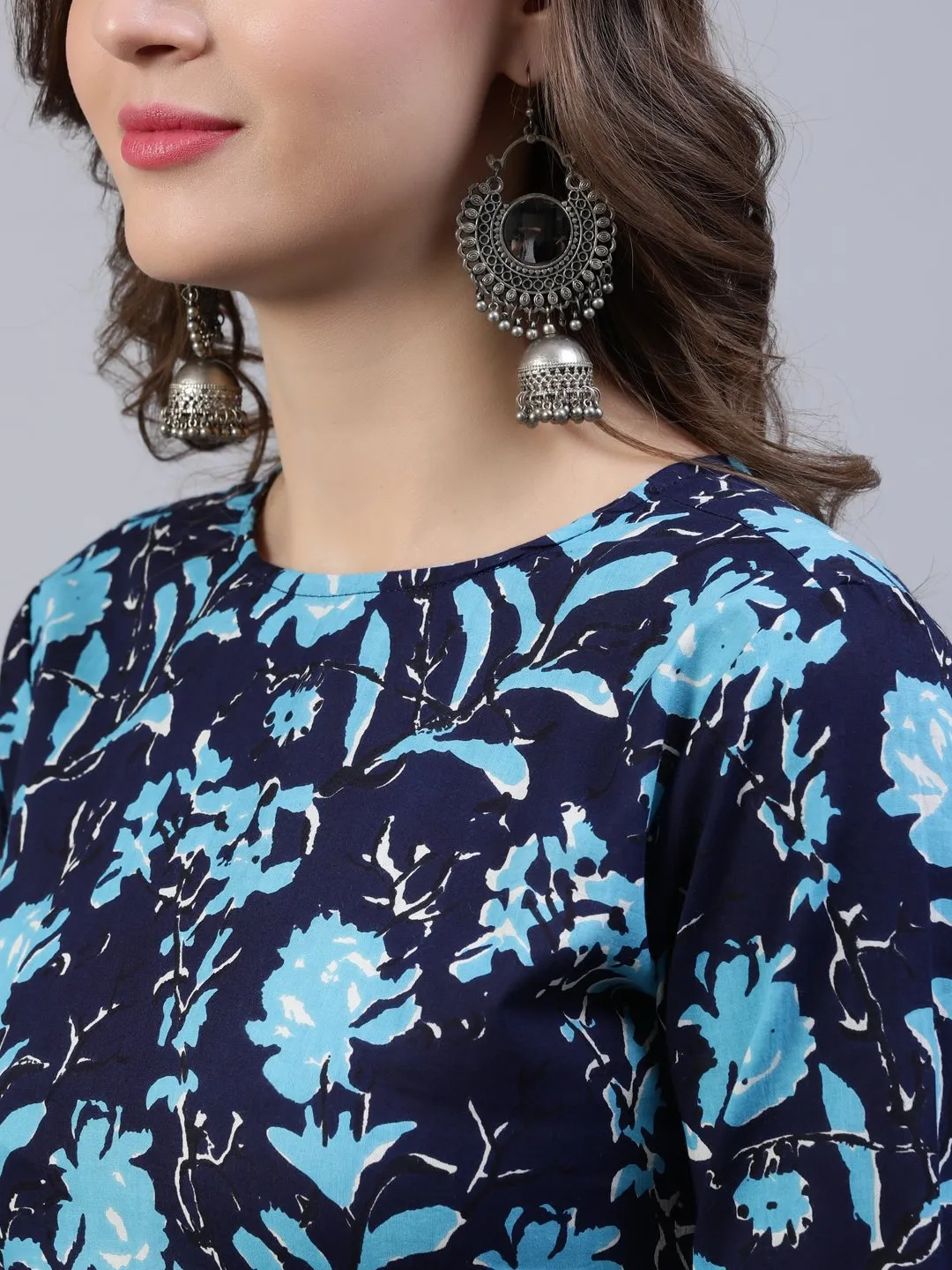 Women Navy Blue Printed Dress With Dupatta