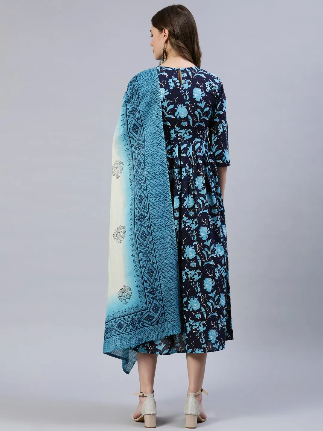 Women Navy Blue Printed Dress With Dupatta