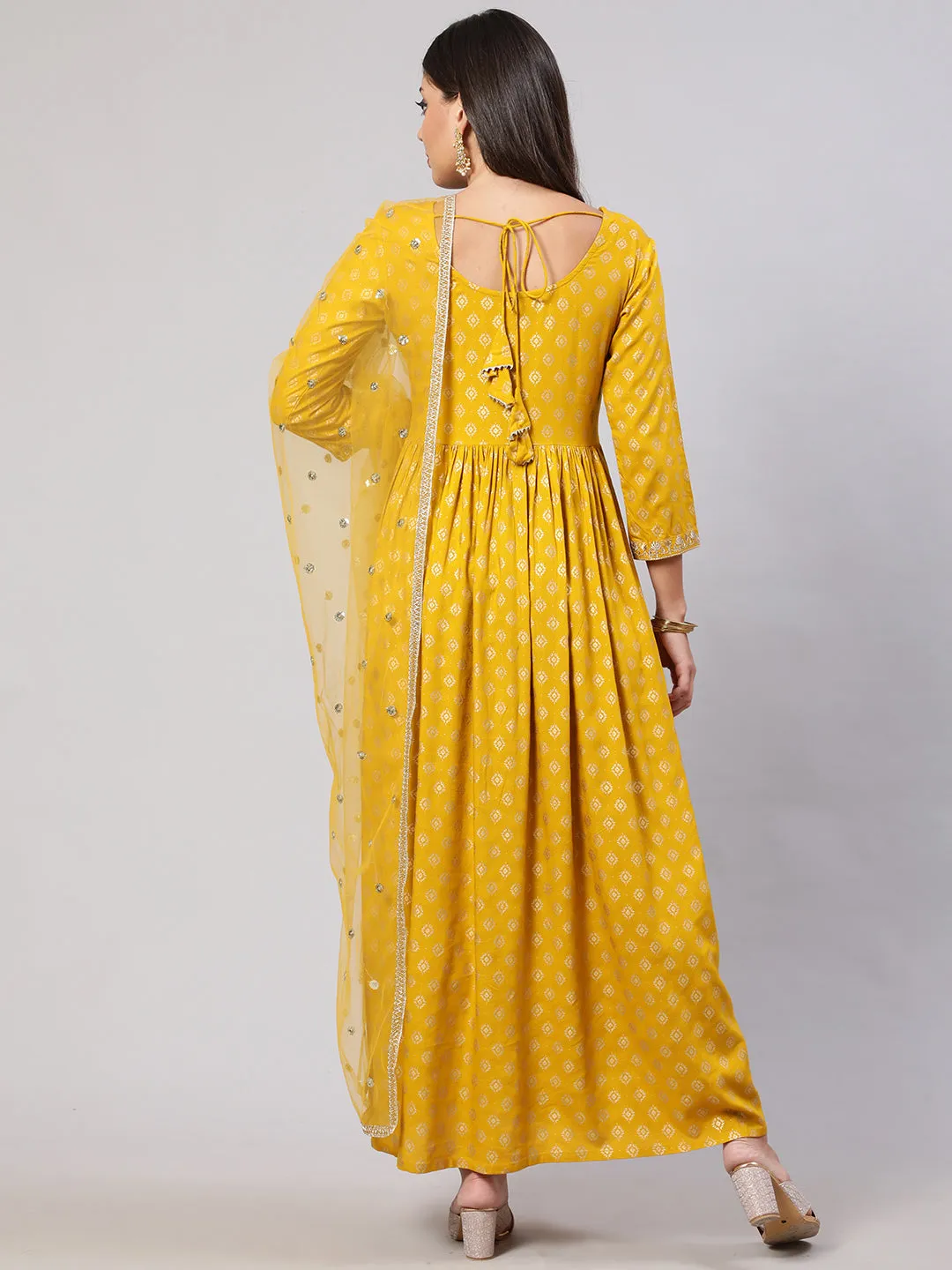 Women Yellow Embroidered Flared Dress With Scalloped Dupatta