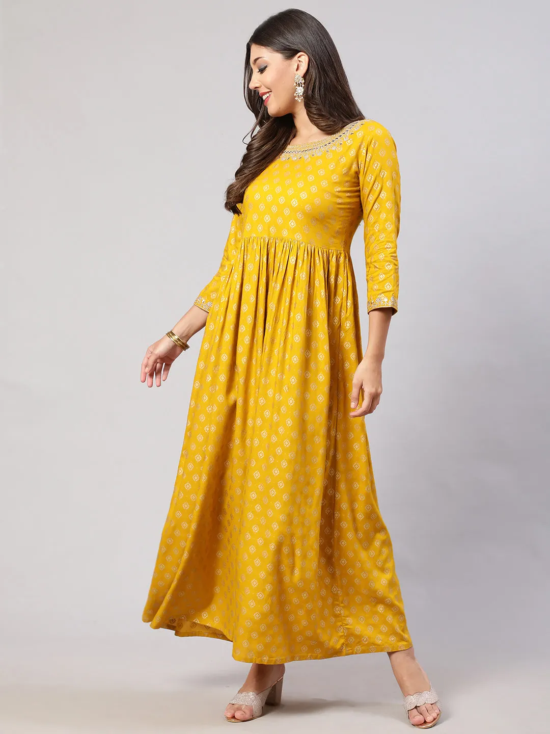 Women Yellow Embroidered Flared Dress With Scalloped Dupatta