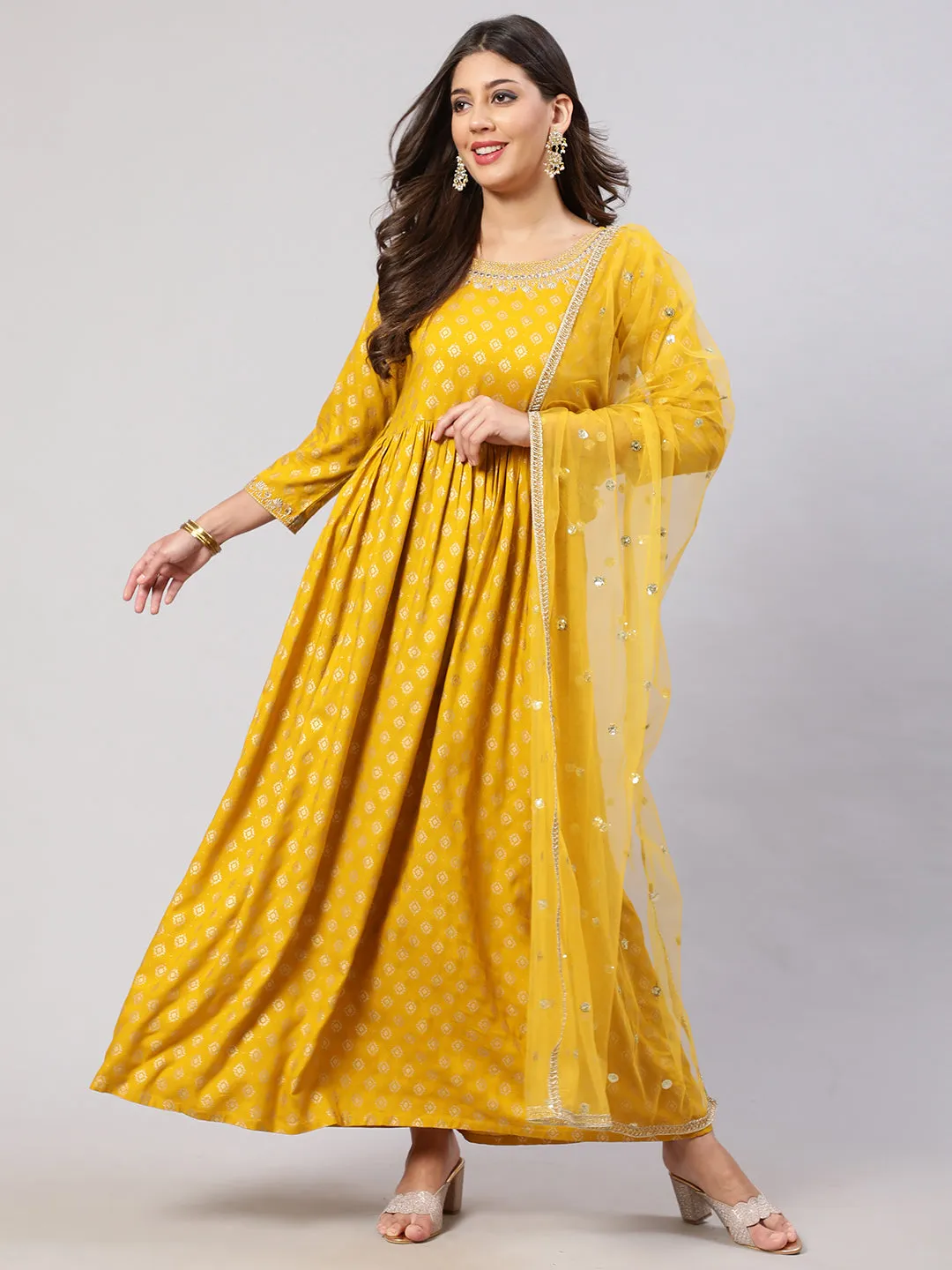 Women Yellow Embroidered Flared Dress With Scalloped Dupatta