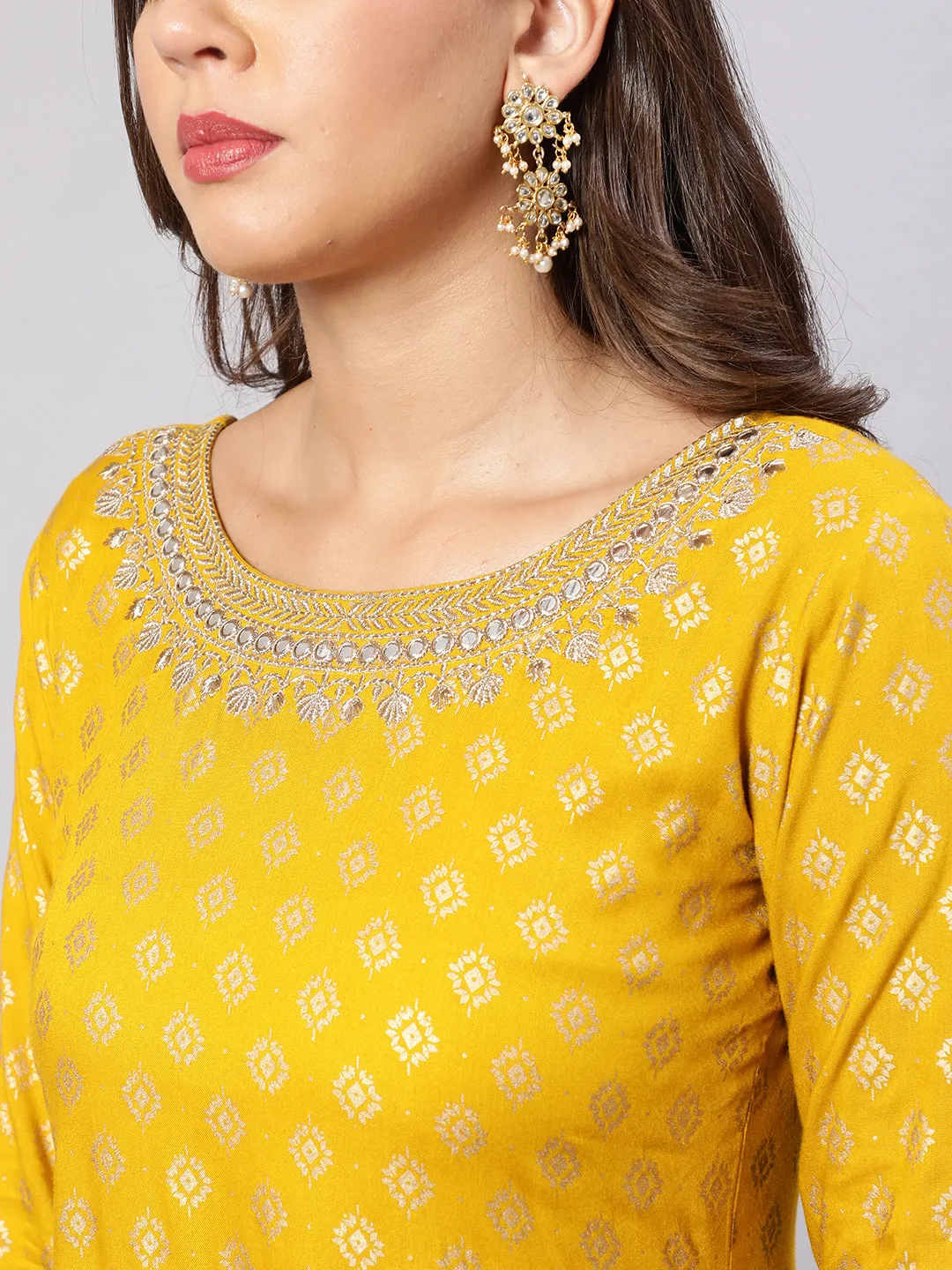 Women Yellow Embroidered Flared Dress With Scalloped Dupatta