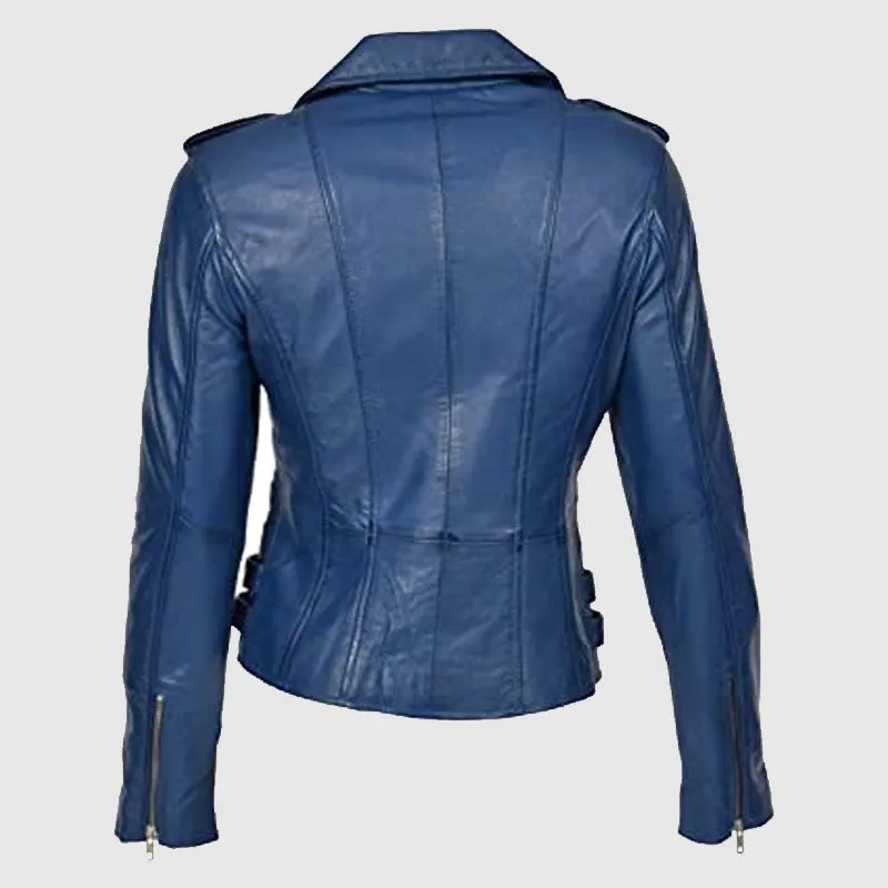 Womens Leather Jackets Motorcycle Bomber Biker Blue Real Leather Jacket Women