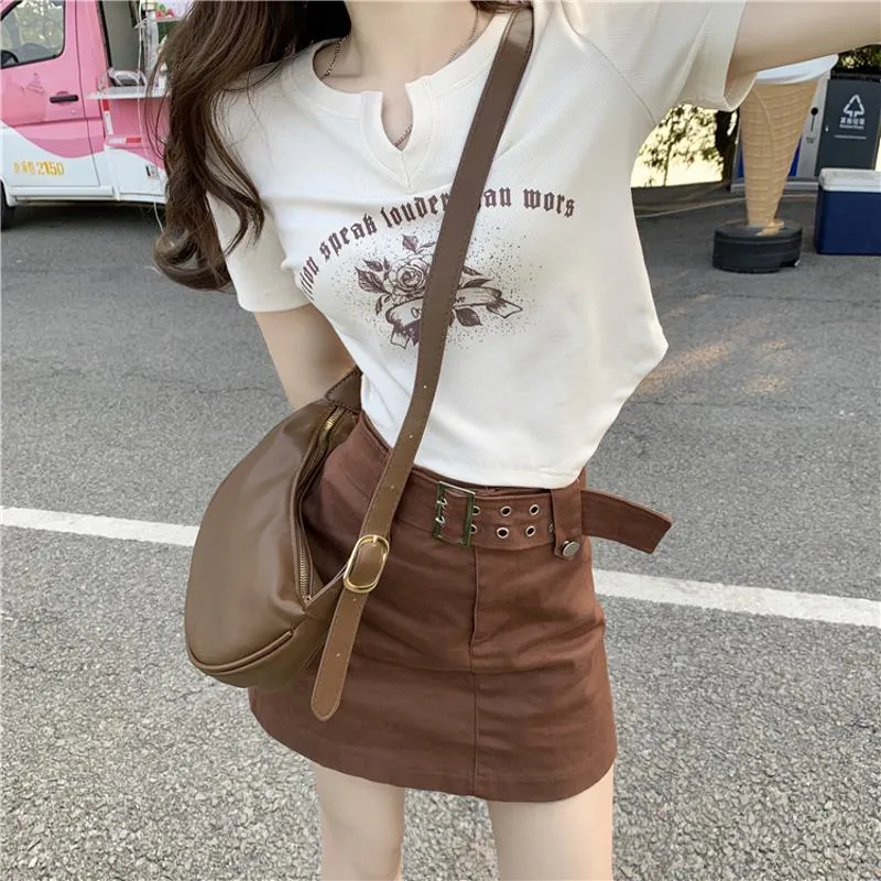 Women's T-Shirt Irregular Cropped V-Neck Short Sleeve Tee