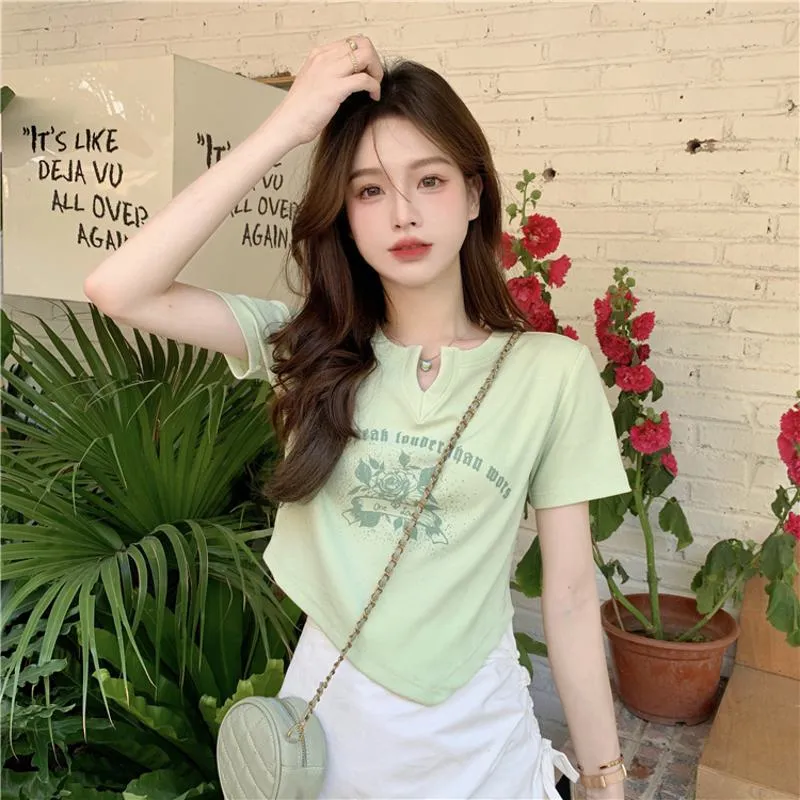 Women's T-Shirt Irregular Cropped V-Neck Short Sleeve Tee