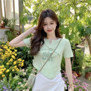 Women's T-Shirt Irregular Cropped V-Neck Short Sleeve Tee