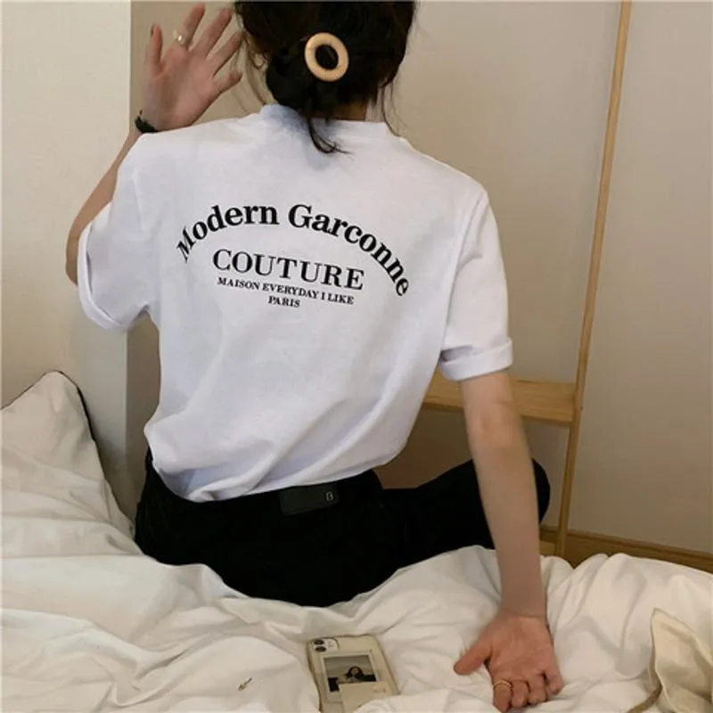 Women's T-Shirt Letter Chic Loose Fit Midi Casual Short Sleeve Tee