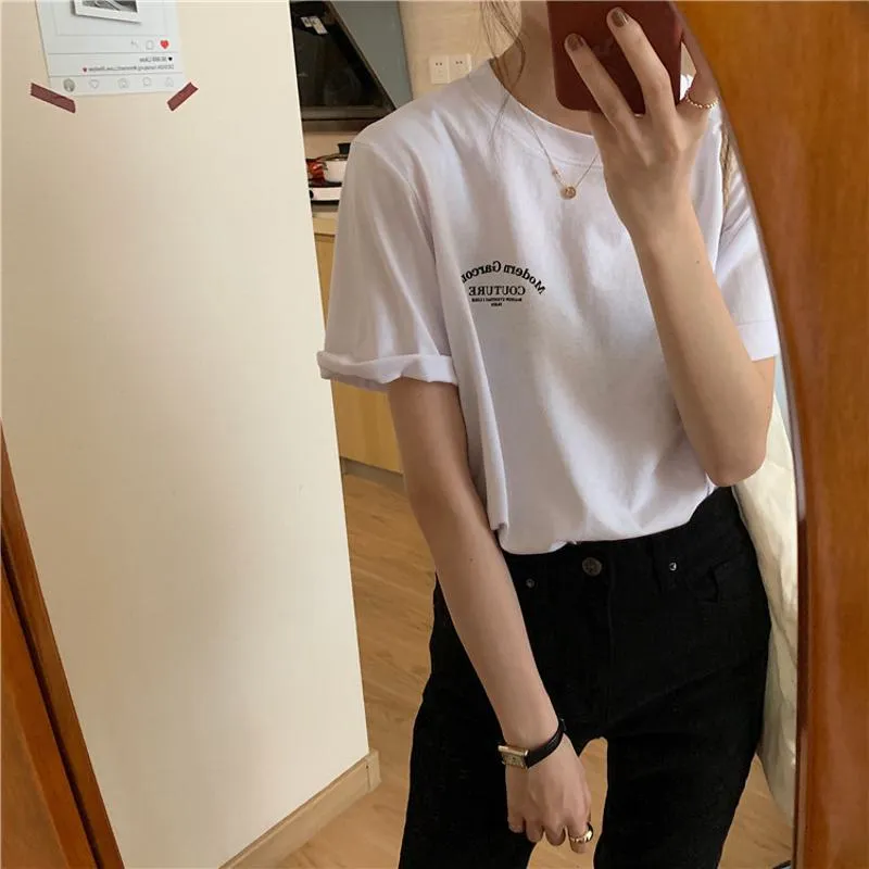 Women's T-Shirt Letter Chic Loose Fit Midi Casual Short Sleeve Tee