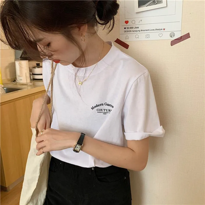 Women's T-Shirt Letter Chic Loose Fit Midi Casual Short Sleeve Tee