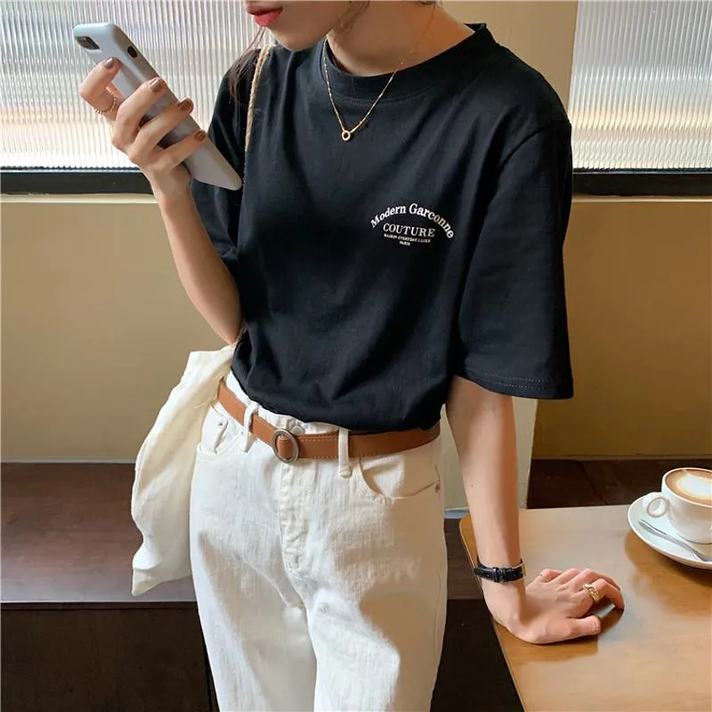 Women's T-Shirt Letter Chic Loose Fit Midi Casual Short Sleeve Tee