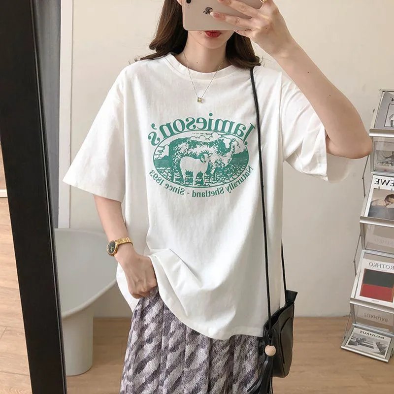 Women's T-Shirt Loose Fit Midi Drop Shoulder Short Sleeve Tee