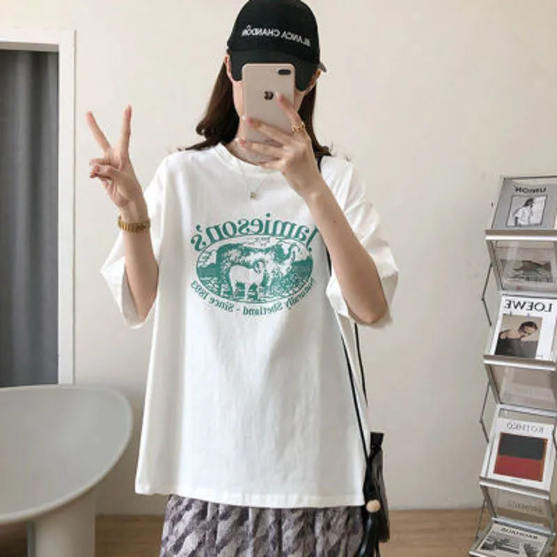 Women's T-Shirt Loose Fit Midi Drop Shoulder Short Sleeve Tee