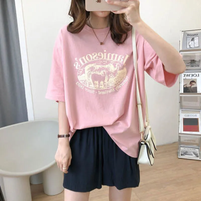 Women's T-Shirt Loose Fit Midi Drop Shoulder Short Sleeve Tee