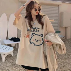 Women's T-Shirts Cartoon Loose Fit Midi Cute Casual Short Sleeve Tee