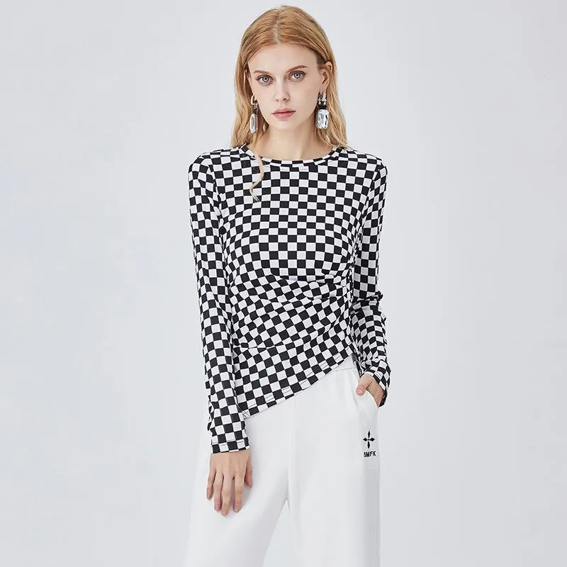 Women's T-Shirts Checkered Print Asymmetrical Hem Long Sleeve Tee